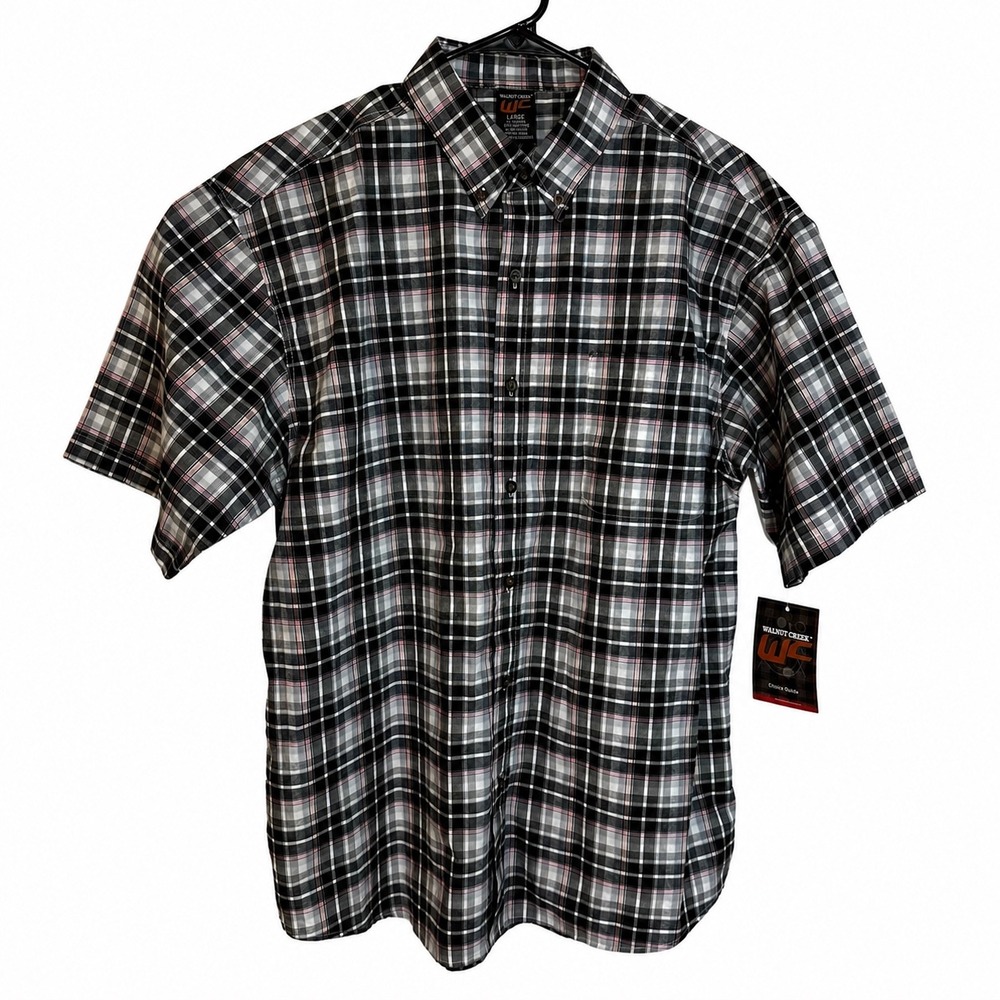 Walnut Creek Mens Plaid Short Sleeve Button Down Shirt Black Pink AX-1000SM NEW